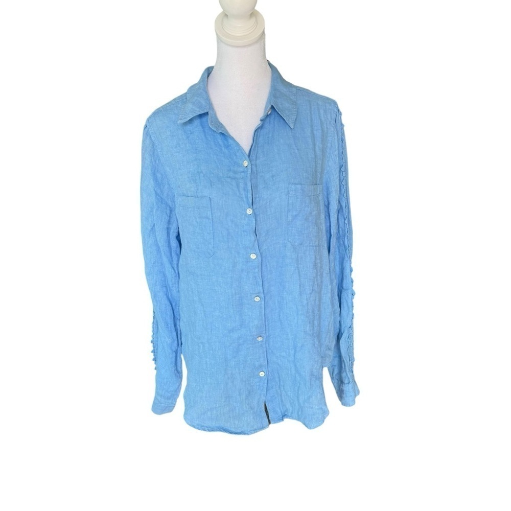 Lilly Pulitzer - Blue Linen Button Down Shirt Blouse Lace Details Sz M